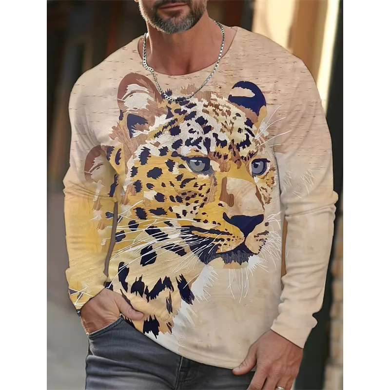 Mens Fashion Clothes - เสื้อยืดแขนยาวผู้ชายพิมพ์ลาย 3D ลายเสือดาว HD คอกลม สไตล์ลำลอง