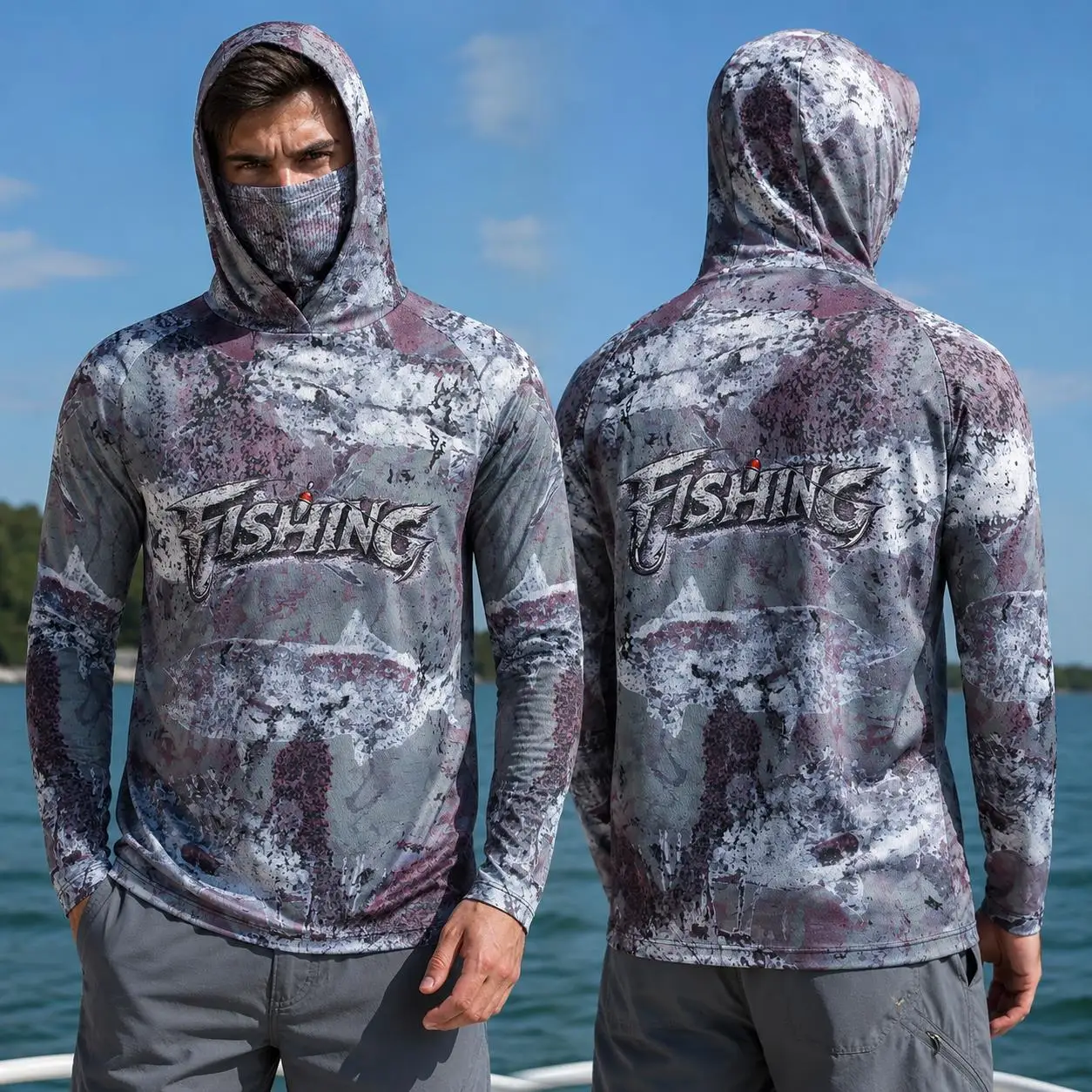 Mens Fashion Summer - เสื้อตกปลาแบบมีฮู้ดสำหรับผู้ชาย เสื้อผ้าตกปลาแขนยาวสำหรับกิจกรรมกลางแจ้งฤดูร้อน เสื้อฮู้ดพร้อมหน้ากากกันแดด เสื้อเจอร์ซีย์ประสิทธิภาพสูง