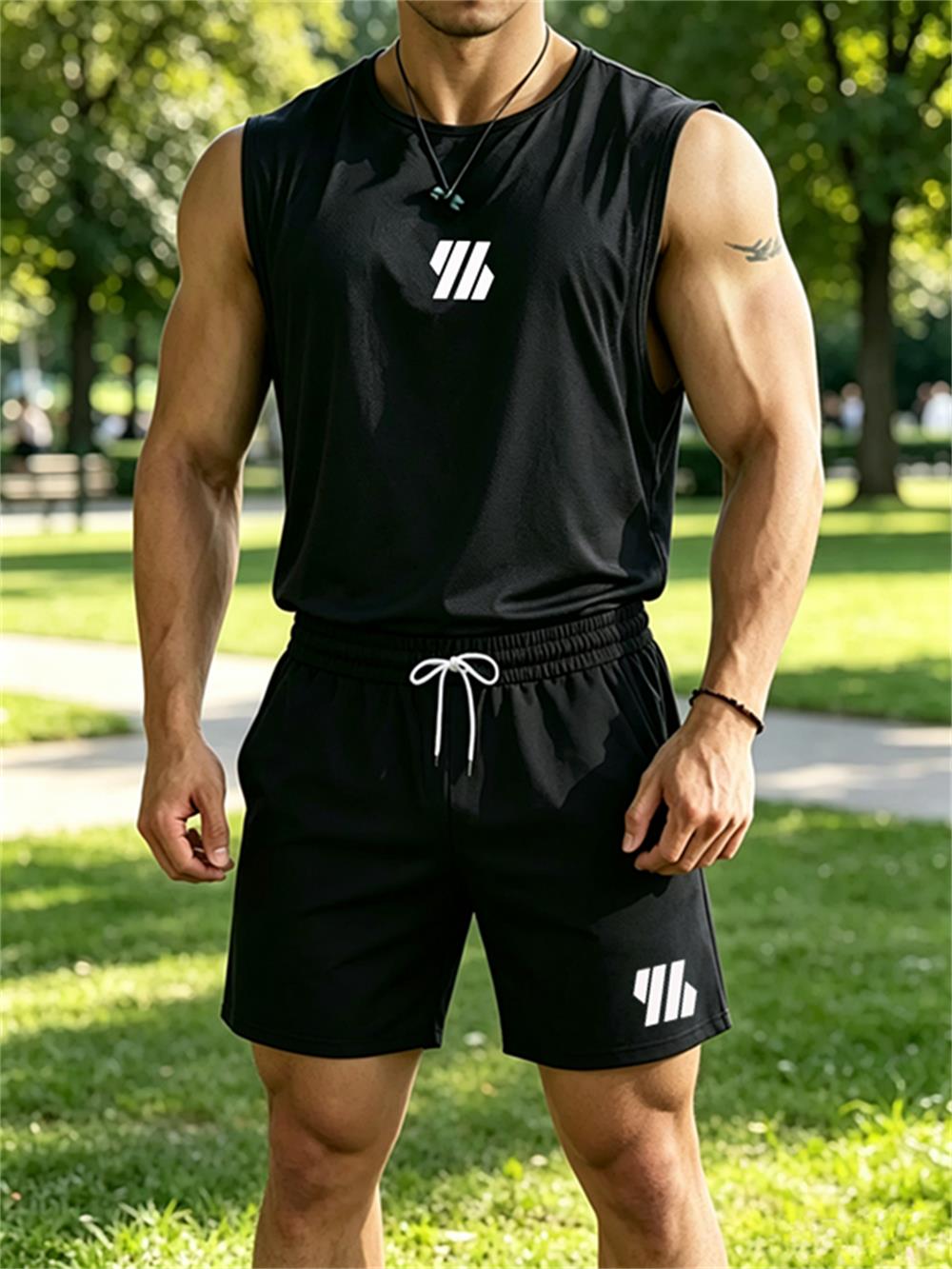 Mens Fashion Summer - ชุดกีฬาผู้ชายแบรนด์ใหม่ปี 2026 เสื้อกั๊กคอกลมพิมพ์ลายทันสมัย/กางเกงขาสั้นระบายอากาศ