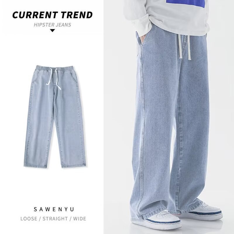 Men'S Fashion Grey Jeans - กางเกงยีนส์ผู้ชายสไตล์สตรีทแวร์เกาหลี แฟชั่นใหม่ ทรงหลวม ใส่สบาย แนวไฮสตรีท ฮาราจูกุ