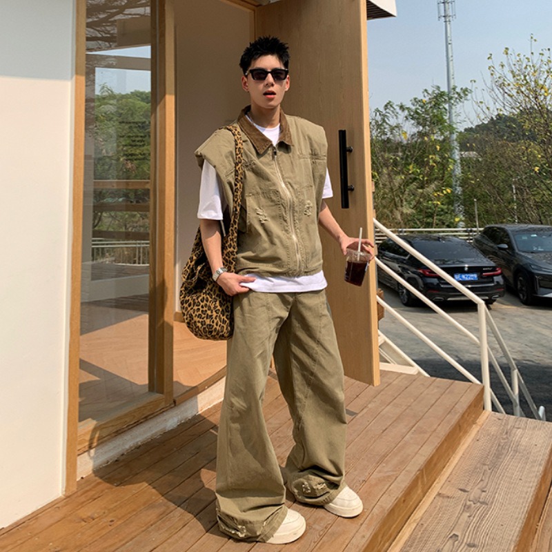 Mens Fashion Summer - แบรนด์แฟชั่นอเมริกัน เสื้อแจ็คเก็ตยีนส์สไตล์เรโทรสำหรับผู้ชาย ชุดเสื้อกั๊กทรงหลวมพร้อมกางเกงขายาว ดีไซน์ใหม่สำหรับฤดูร้อน ทันสมัยและลำลอง