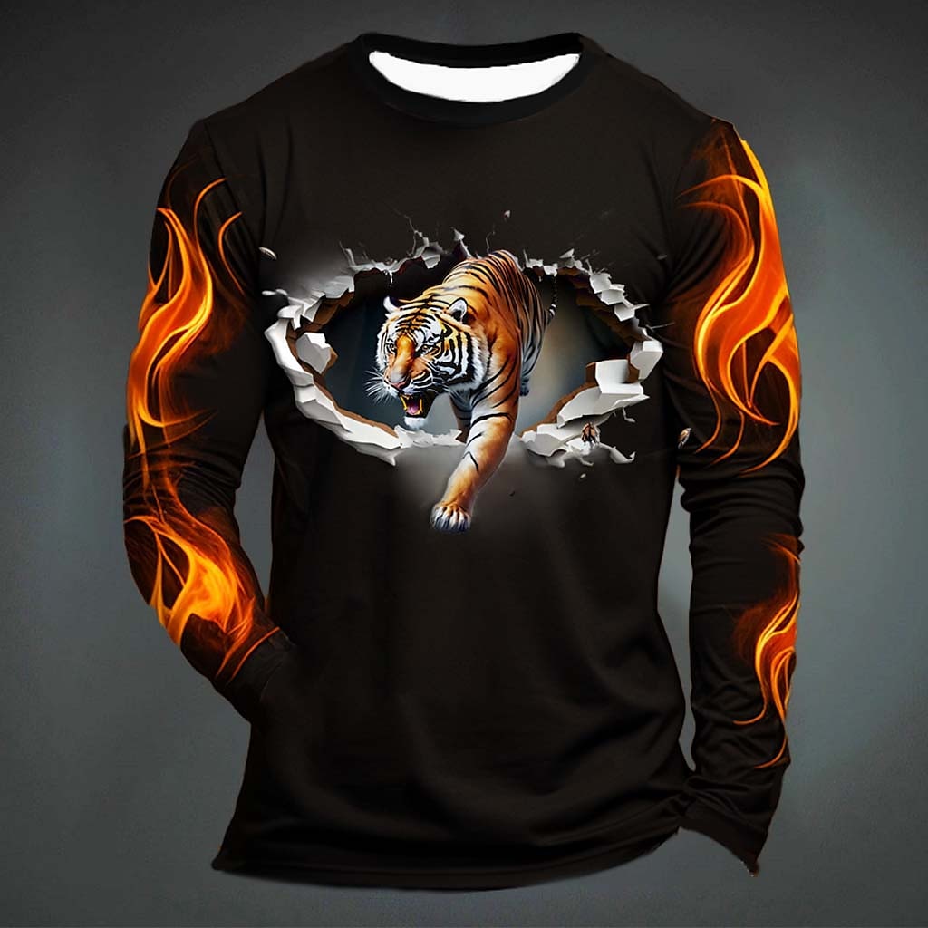 Mens Fashion Clothes - เสื้อยืดลายเสือสุดฮาสำหรับผู้ชาย เสื้อยืดแขนยาวคอกลมลำลอง แฟชั่นสวมใส่สบาย เสื้อทรงหลวมสำหรับฤดูใบไม้ร่วง เสื้อผ้าสไตล์ y2k