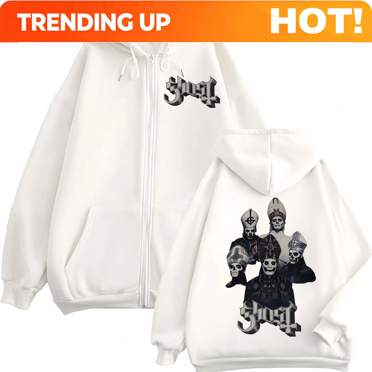 Mens Fashion Zip Up Hoodies - เสื้อฮู้ดซิป Ghost Band ลดราคาพิเศษ เสื้อผ้าแฟชั่นสำหรับผู้ชายและผู้หญิง สไตล์ร็อค
