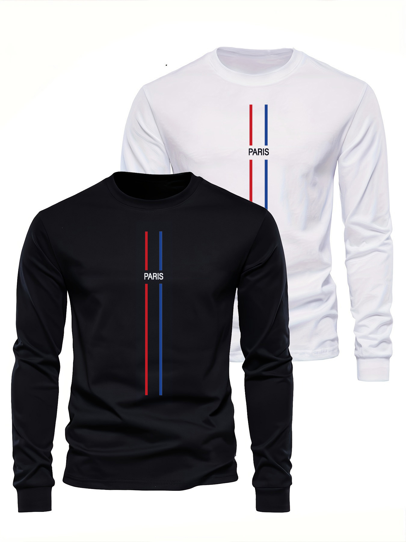 Men'S Fashion T Shirts - เสื้อยืดแขนยาวคอกลมผู้ชาย ผ้าฝ้ายแท้ 100% ทรงหลวม ลายพิมพ์สไตล์ปารีส ใส่ได้ทั้งฤดูใบไม้ผลิและฤดูใบไม้ร่วง