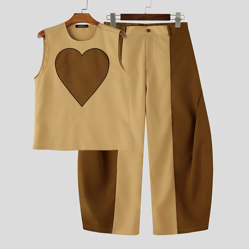 Mens Fashion Summer - INCERUN ชุดผู้ชายเสื้อกล้ามแขนกุดสีสันสดใส กางเกงขายาว ชุดสองชิ้นสตรีทแวร์แฟชั่นผู้ชายชุดเข้าชุด