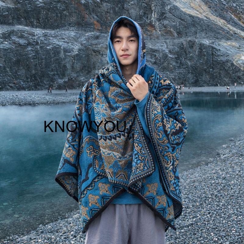 Men'S Fashion With Hat - ผ้าคลุมไหล่หนาสำหรับผู้ชายสำหรับเดินทางกลางแจ้งพร้อมหมวก เสื้อคลุมอุ่น ๆ สำหรับผู้ชาย โปงโชสไตล์ชาติพันธุ์ แฟชั่นอเนกประสงค์