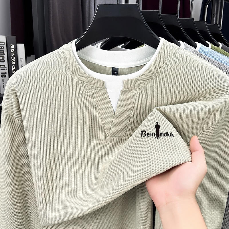 Mens Fashion Clothes - เทรนด์แฟชั่น เสื้อยืดผู้ชายผ้าฝ้าย 100% ดีไซน์สองชิ้นในตัว ใส่สบาย แขนยาว
