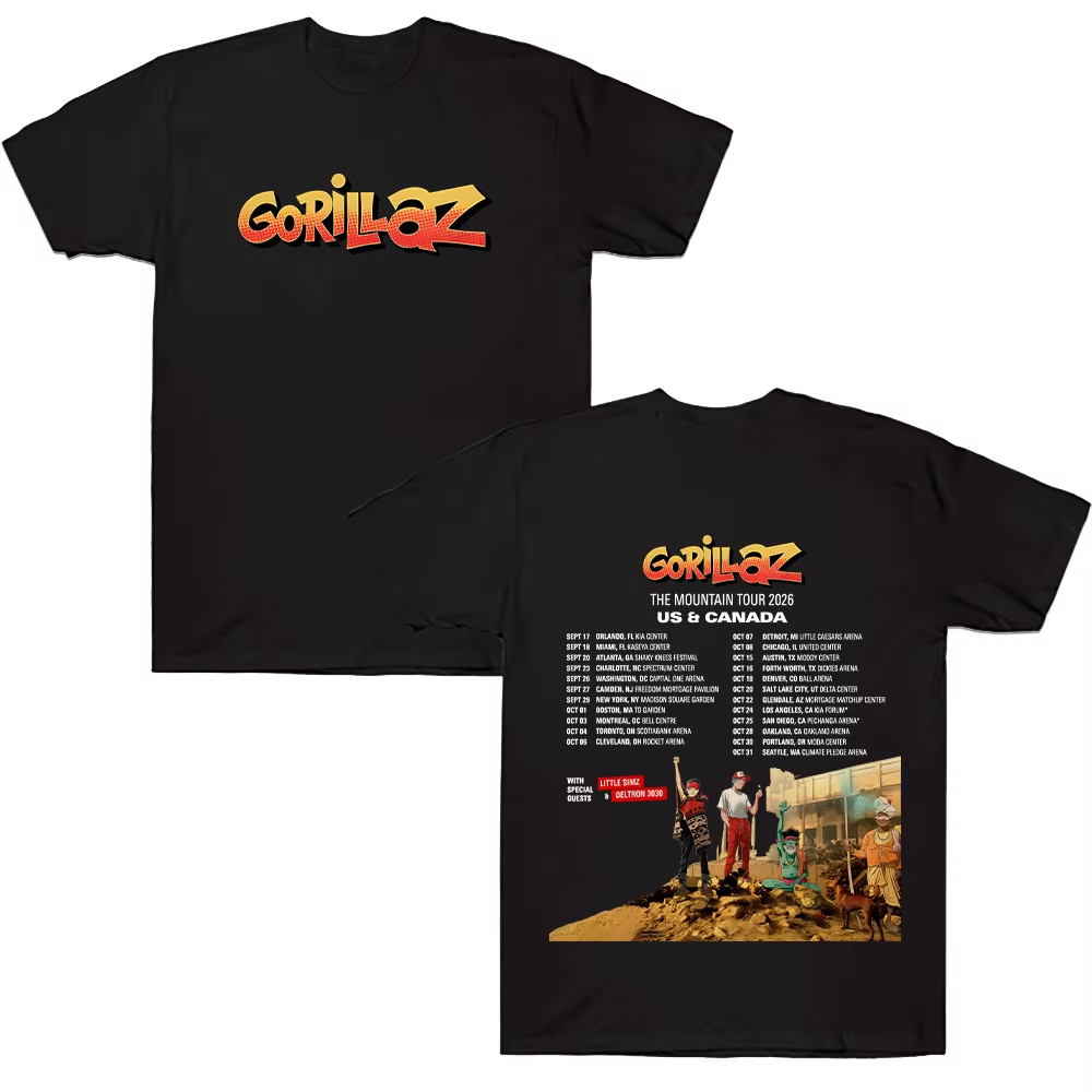 Poster Men Fashion - เสื้อยืดพิมพ์ลายโปสเตอร์ Gorillazs TheMountain Tour 2026 สำหรับผู้ชายและผู้หญิง